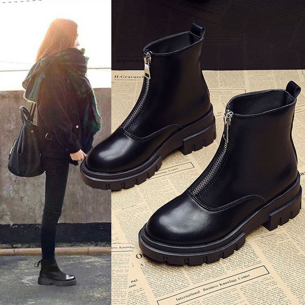 

front boots woman england 2019 heavy bottom increase high with handsome locomotive short boots tide, Black
