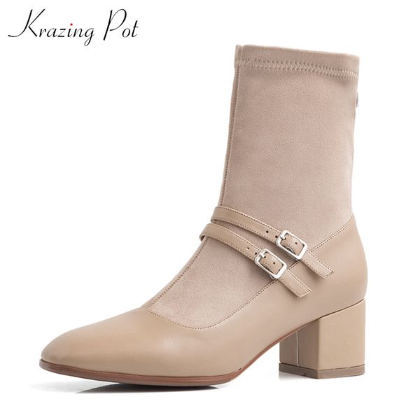 

krazing pot elegant ladies mary janes boots cow leather flock round toe high heels winter buckle straps warm ankle boots l9f1, Black