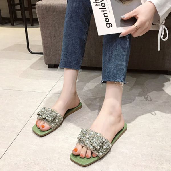 

ins slippers women wear sequins 2020 summer new fashion wild net red flat bottom word sandals and slippers tide, Black