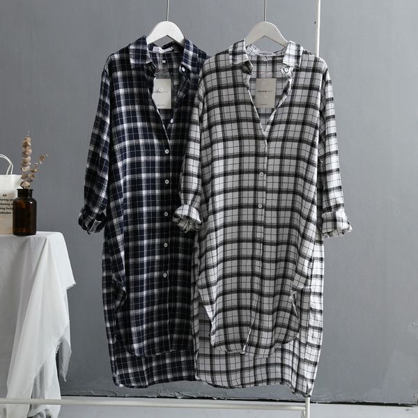 

blusas spring summer korean style women casual loose long plaid blouses long sleeve split shirts lapel cardigan coats, White