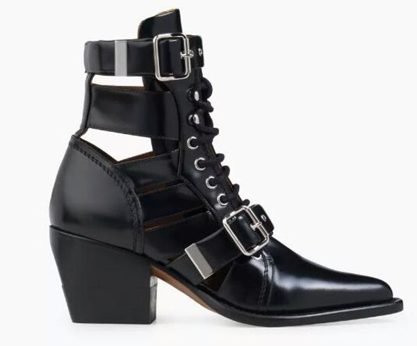 

women's leather boots, new thick heels, pointed hollow belt buckle, tie boots, size: 34-44,black
