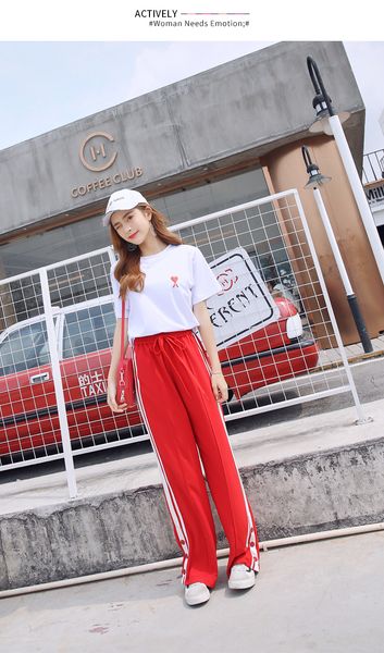 

high korean waist pants summer loose wide leg pants black casual side stripe sweatpants female trousers pantalon dropship, Black;white