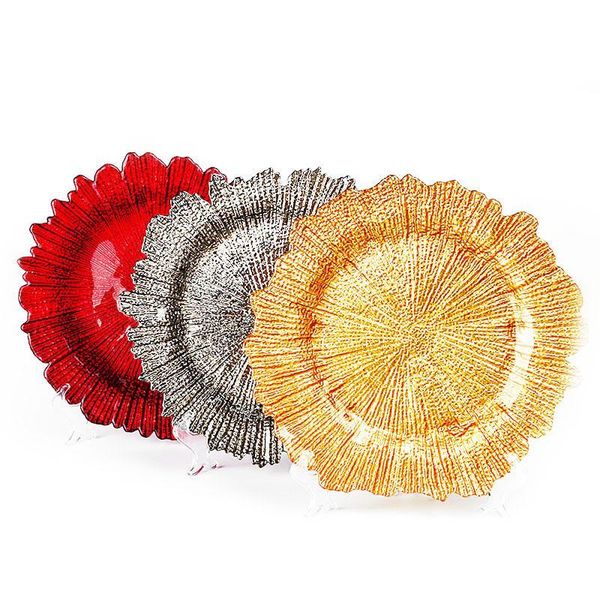 

13 inch glass snowflake charger plate with eletroplating finish flower shape fruit tray tableware for wedding party gold silver