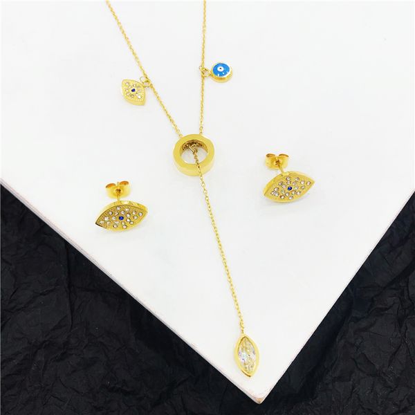 

stainless steel turkish evil eye necklace earings delicate women charm pendants gold chain water drop necklace jewelry sets, Silver