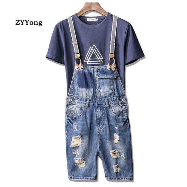 

summer men's hole denim shorts bib ripped jeans jumpsuits retro casual hip-hop streetwear tattered overalls pants, Blue
