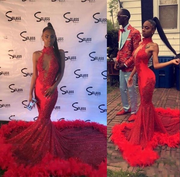 

Sexy Red Feather Mermaid Prom Dresses 2019 Backless Halter Vintage Lace Plus Size Black Girls African Arabic Formal Evening Party Gowns