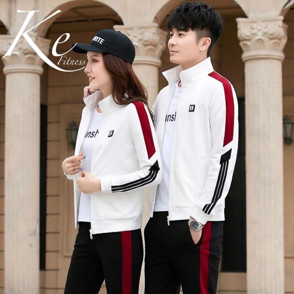 

ke 2019 new couple sports 3 pieces t-shirt and tracksuit slim cotton suit men large size plus casual running sportswear women, White;black