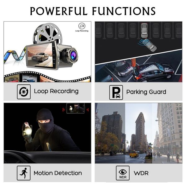 

dual lens dash cam 4" ips full hd 1080p car dvr front+rear night vision video recorder g-sensor parking monitor hdmi dash camera
