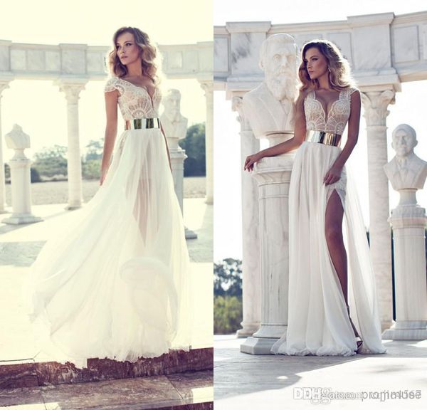 

julie vino 2020 new beach wedding dresses cap sleeve sheer chiffon beaded bodice with plunging neck high slit bridal gowns, White