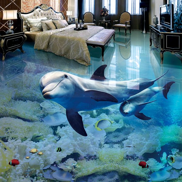 

papel de parede 3d floor mural custom dolphin underwater world wallpaper for kids room bathroom wear non-slip waterproof sticker