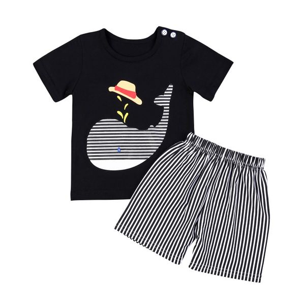 

children sets summer kids baby cute short sleeve cartoon printing t-shirts +stripe shorts children toddler casual set, White