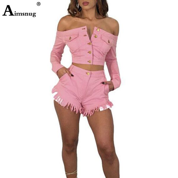 

two piece sets women outfits long sleeve single breasted jeans jacket coat crop tassel 2 piece pink shorts suits, White
