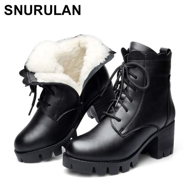 

snurulan 2019 women winter boots winter high heel ankle boots women warm platform shoes genuine leather with fur, Black