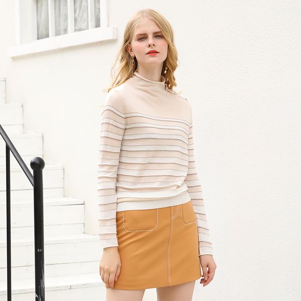 

fall 2019 women's brand stand-up collar, long-sleeve pullover, slim bodice, contort color sweater, stylish and elegant striped knit, White;black