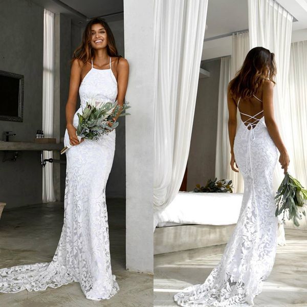 

2020 bohemian new arrival sleeveless mermaid wedding dresses satin lace halter applique bridal gowns lace up sweep train wedding gowns, White