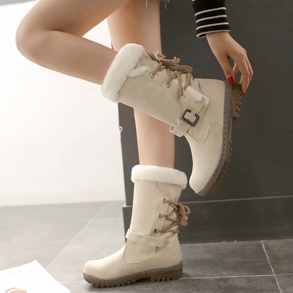 

women snow boots ladies shoes 2019 fashion lace up women boots buckle winter shoes round toe warm plush woman, Black