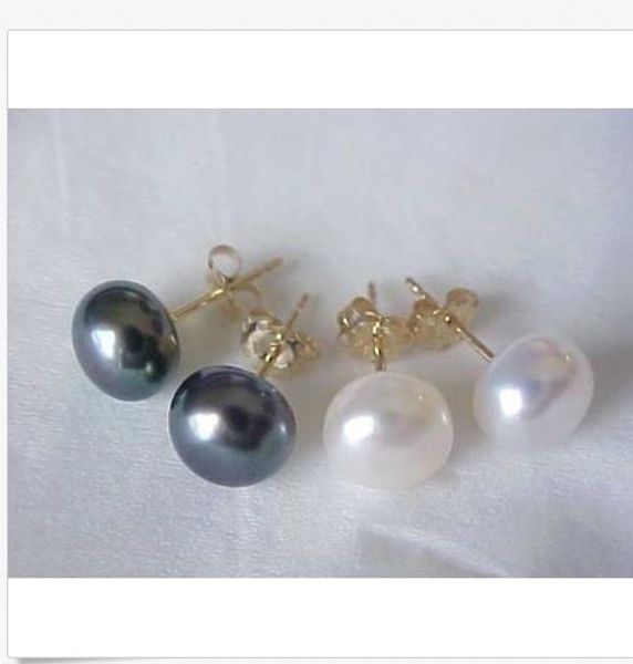 

9-10 mm south seas 1 white 1 black natural pearl earrings 14k stud, Golden;silver