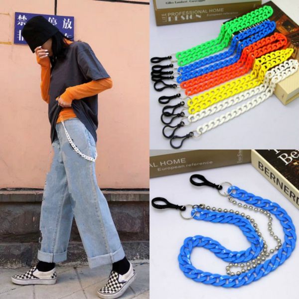 

2020 summer harajuku resin trousers chain punk acrylic candy color double layers hip-hop hipster pants key chain men accessories, Silver
