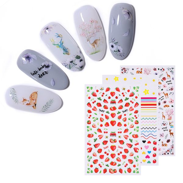 

3d nail stickers self-adhesive transfer decals colorful animal strawberry flower mixed patterns nail art decorations, Black