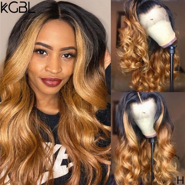

kgbl 360 wave ombre 250 density lace frontal human hair wigs middle ratio brazilian non-remy human hair wig for black women, Black;brown