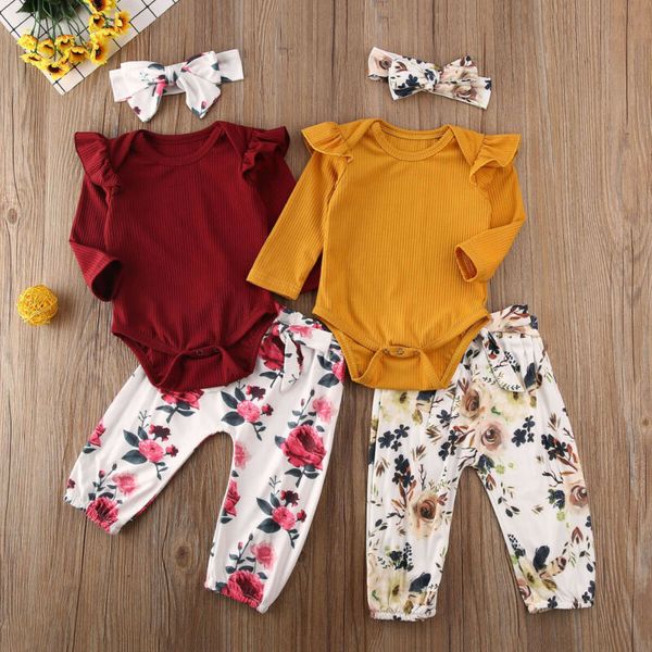 

new fashion spring autumn 3pcs newborn baby girl clothes long sleeve romper flower pants headband outfit 0-18m, White