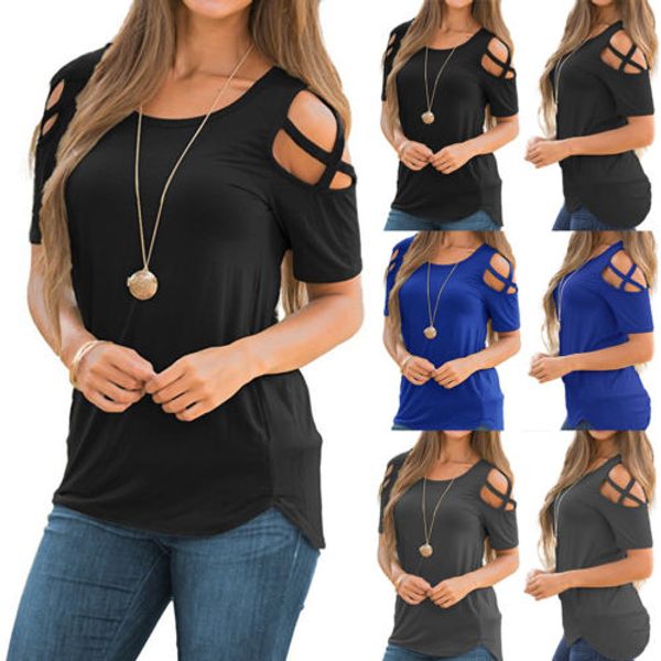 

new fashion womens cold shoulder t-shirt ladies summer casual short sleeve, White