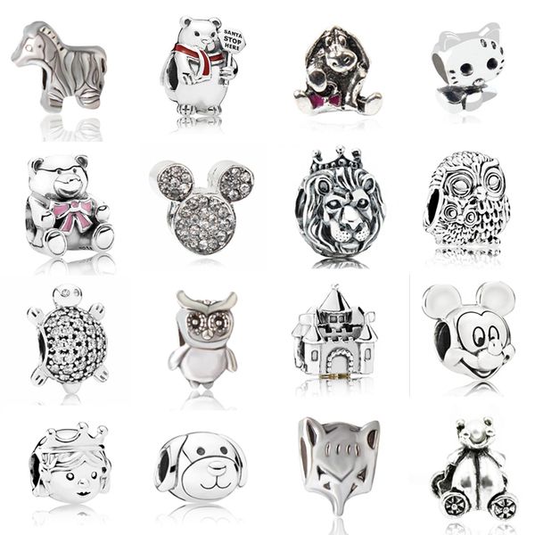 Punk Prata Cor Leão Tartaruga Urso Papai Noel Coruja Crystal Beads Charms Fit Pandora Braceletes Colares Para As Mulheres DIY Fazendo