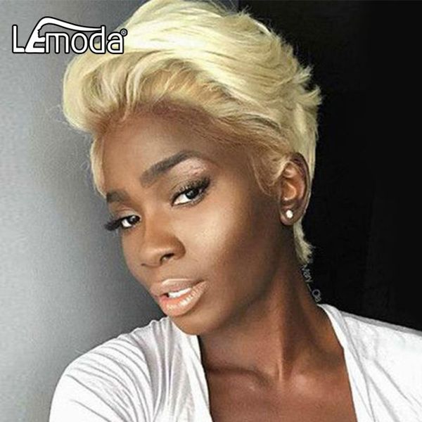 

613 lace front wig blonde pixie cut wig 13x4 straight human hair wigs for women lemoda remy hair bob, Black;brown