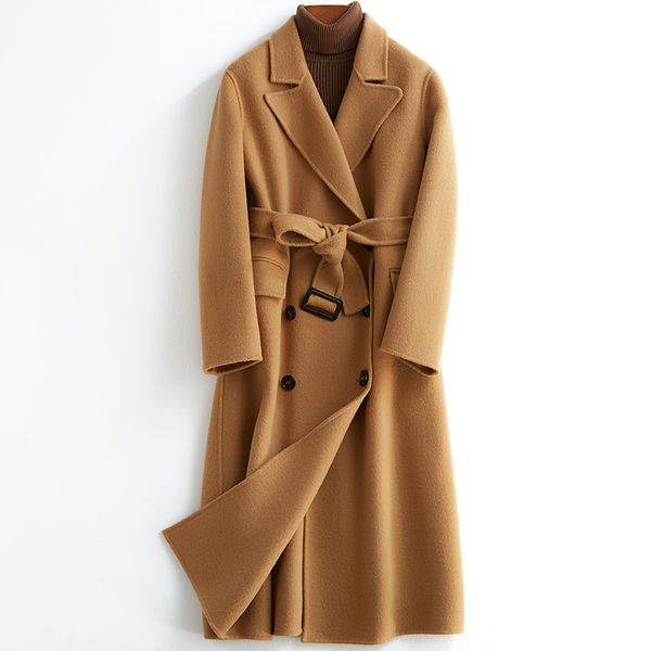

длинные 100% wool coat женщины одежда 2020 весна осень женщины куртка двойной брестед корейский элегантные дамы пальто b19y01229 kj4156, Black