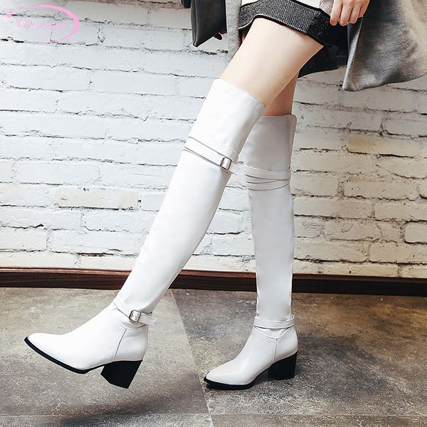 

college casual style over knee boots round toe women's boots fashion slip buckle white black high heel thick riding
