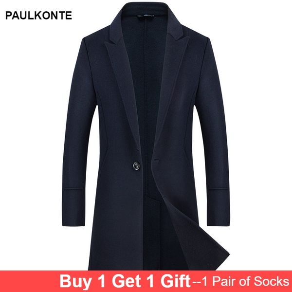 

paulkonte 2019 single buckle turndown collar men's coat autumn winter fashion woolen comfortable warm long men's jacket, Black