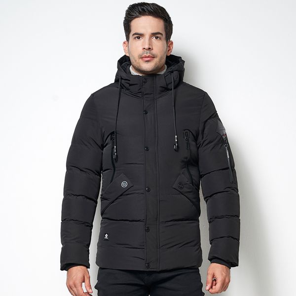 

2019 зима мужчины толстый хлопок проложенный parka пальто куртки мужской флис подкладка с капюшоном ветрозащитный бизнес теплая куртка утепл, Black