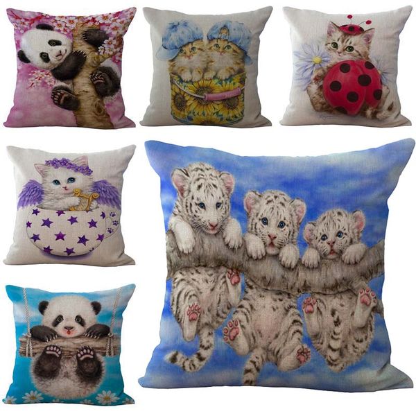 

little animal panda cat tiger pillow case cushion cover square linen cotton throw pillowcase cover sofa pillowslip decor 240486