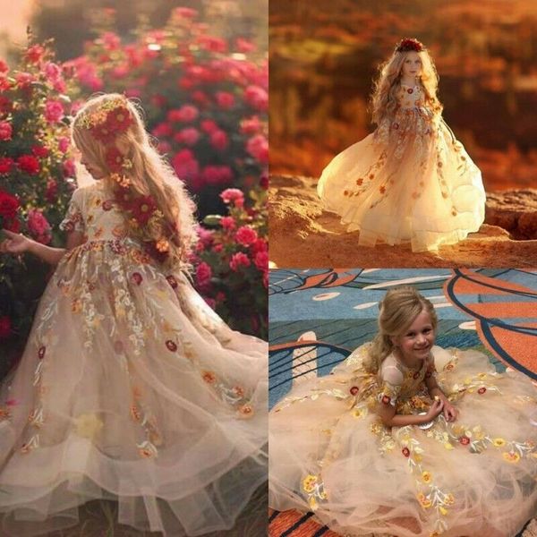 Adorável champanhe vestidos da menina de flor com apliques de renda manga curta tule vestidos de baile meninas festa de aniversário pageant dress