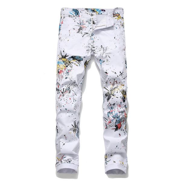 

mens designer fashion brand white printed slim jeans long jeans, Blue
