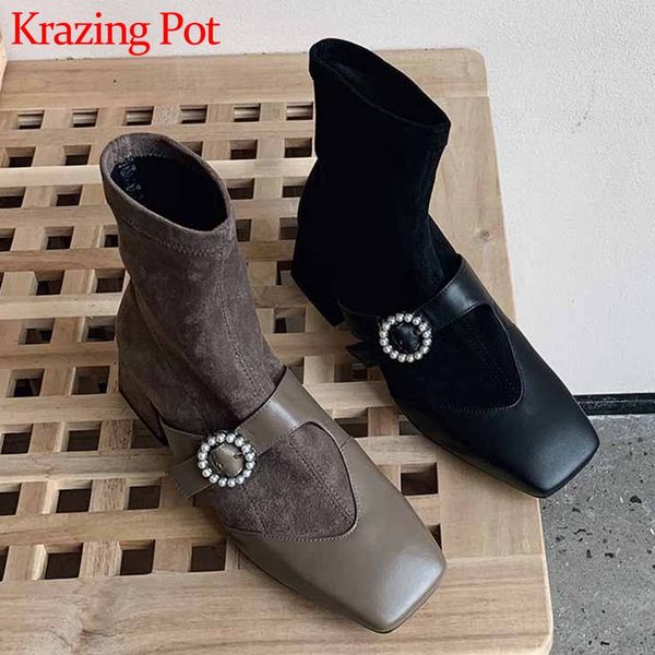 

krazing pot pearl buckle mary janes cow leather flock socks boots square toe high heels winter fashion ladies ankle boots l69, Black