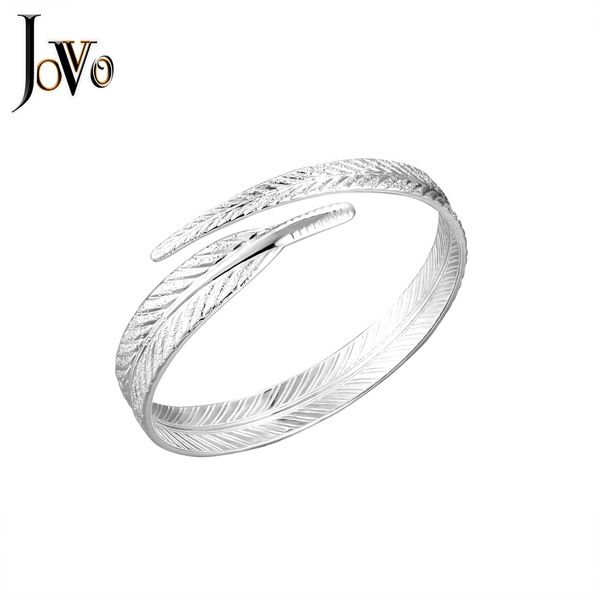 

jovo 925 sterling silver bracelet bangle for women man feather shape adjustable open cuff wristband wedding party jewelry, Black