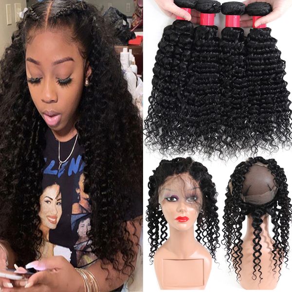 

pre plucked 360 lace frontal with bundles deep curly wave 9a brazilian virgin human hair 3bundles deals with 360 lace frontal band closure, Black;brown