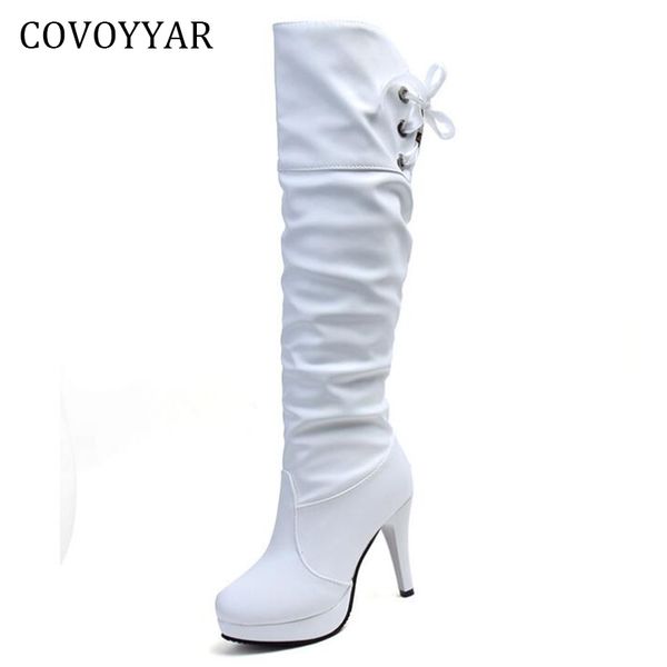 

covoyyar 2019 knee high white boots autumn winter platform thin heel women boots back lace up shoes women wbs759, Black