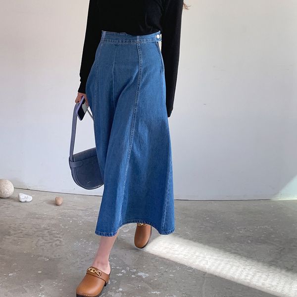 

denim skirts womens high waist plus size loose patchwork pleated button mid-calf jeans skirt 5xl 6xl, Black