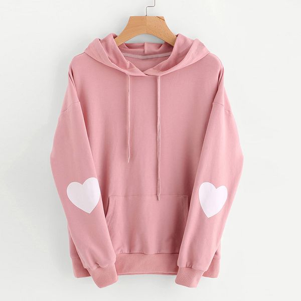 

fashion women heart pattern long sleeve hoodie casual loose hooded pullover sweatshirts autumn tracksuit streetwear, Black