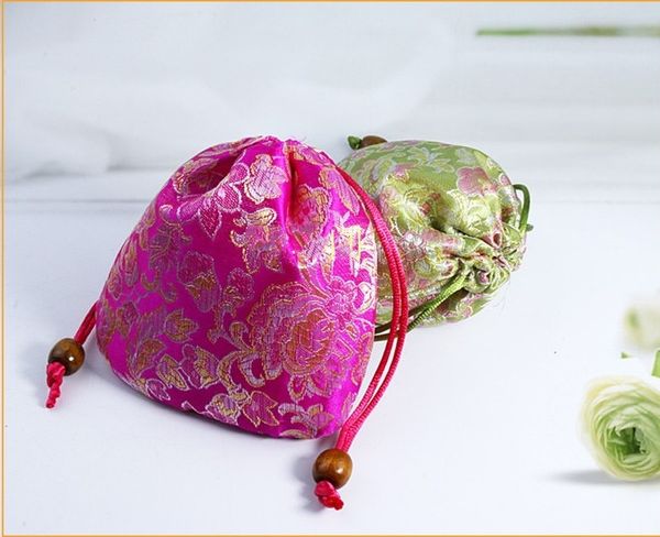De fundo redondo baratos Silk Brocade Jóias pequena bolsa com cordão de pano presente Embalagem sacos de moedas de bolso 50pcs / lot