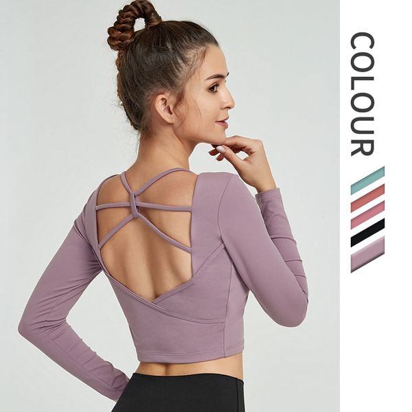 

высокая упругого спорт фитнес crop tops женщины назад выдалбливают yoga workout рубашки с длинным рукавом gym с chest проложенным, White;red