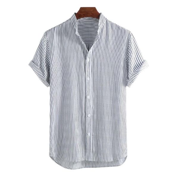 

helisopus new summer mens shirts striped casual loose short sleeve shirt stand collar single breasted camisa streetwear, White;black