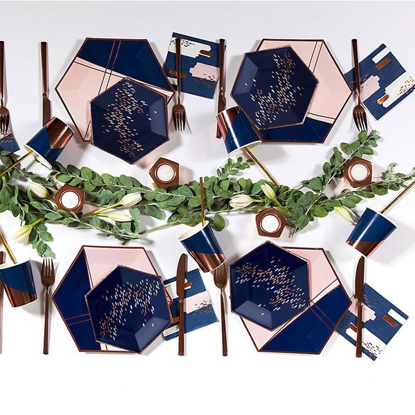 

темно-синий розовый розовое золото фольга партии одноразовая посуда решетка бумажная тарелка чашки салфетки для свадьбы день рождения крещен