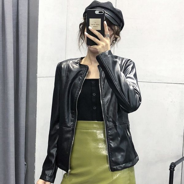 

tyhru autumn women's solid color long sleeve stand collar zip leather jacket, Black