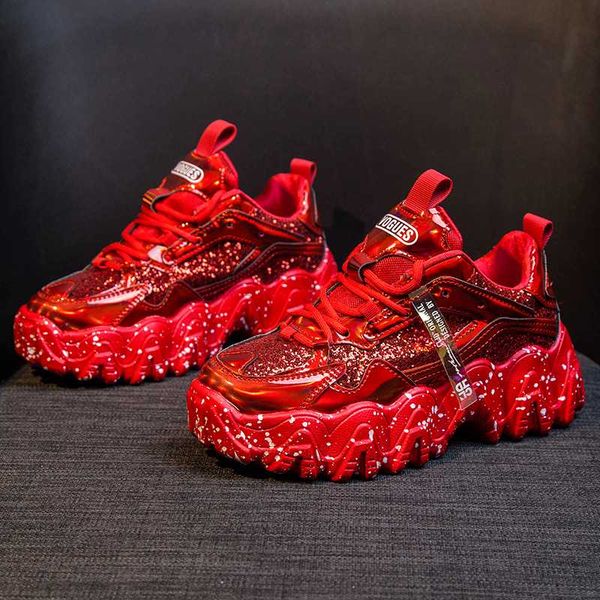 

spring women's chunky sneakers fashion bling sequined lace-up vulcanize shoes female trainers dad shoes women platform, Black