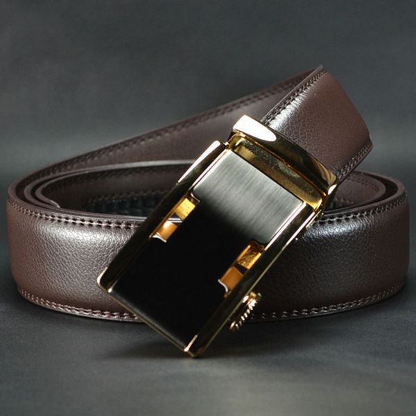 

ab003 adjustable leather men gold automatic buckle belt, Black;brown