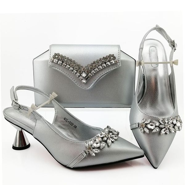 

silver women pumps with crystal decoration african dress shoes match handbag set qsl022,heel 7cm, Black