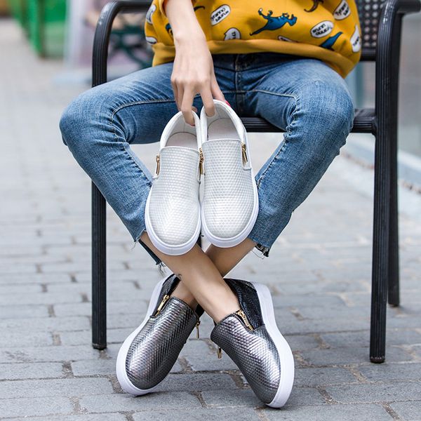 

2019 spring leather loafers women fashion ballet flats white shoes side zipper slip on loafers gray tennis shoes for women, Black